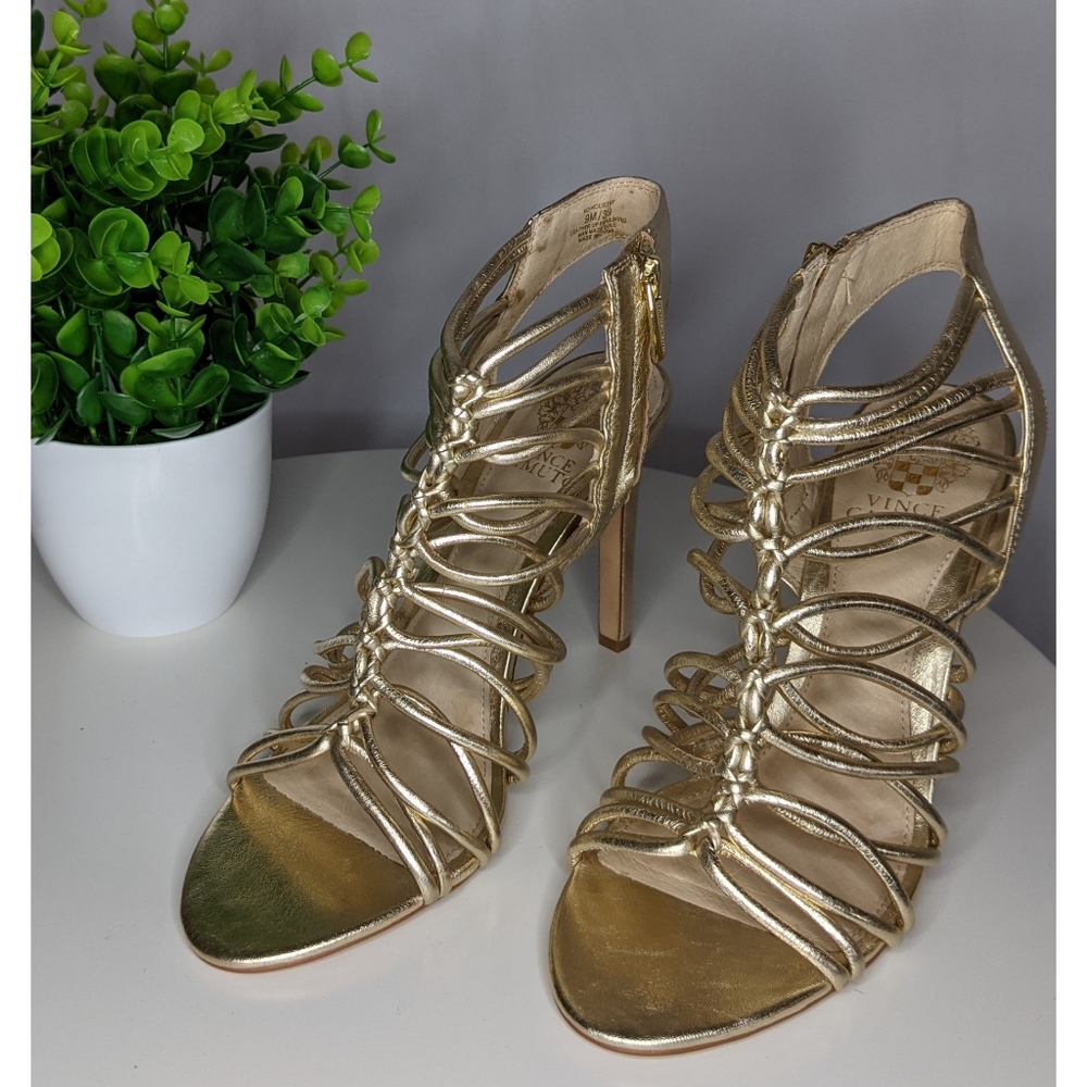 VINCE CAMUTO Metallic Cage Sandal Heels Gold